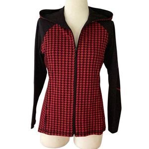 Susan Graver Weekend Houndstooth Zip Hooded  Jacket Women’s Small Black Red